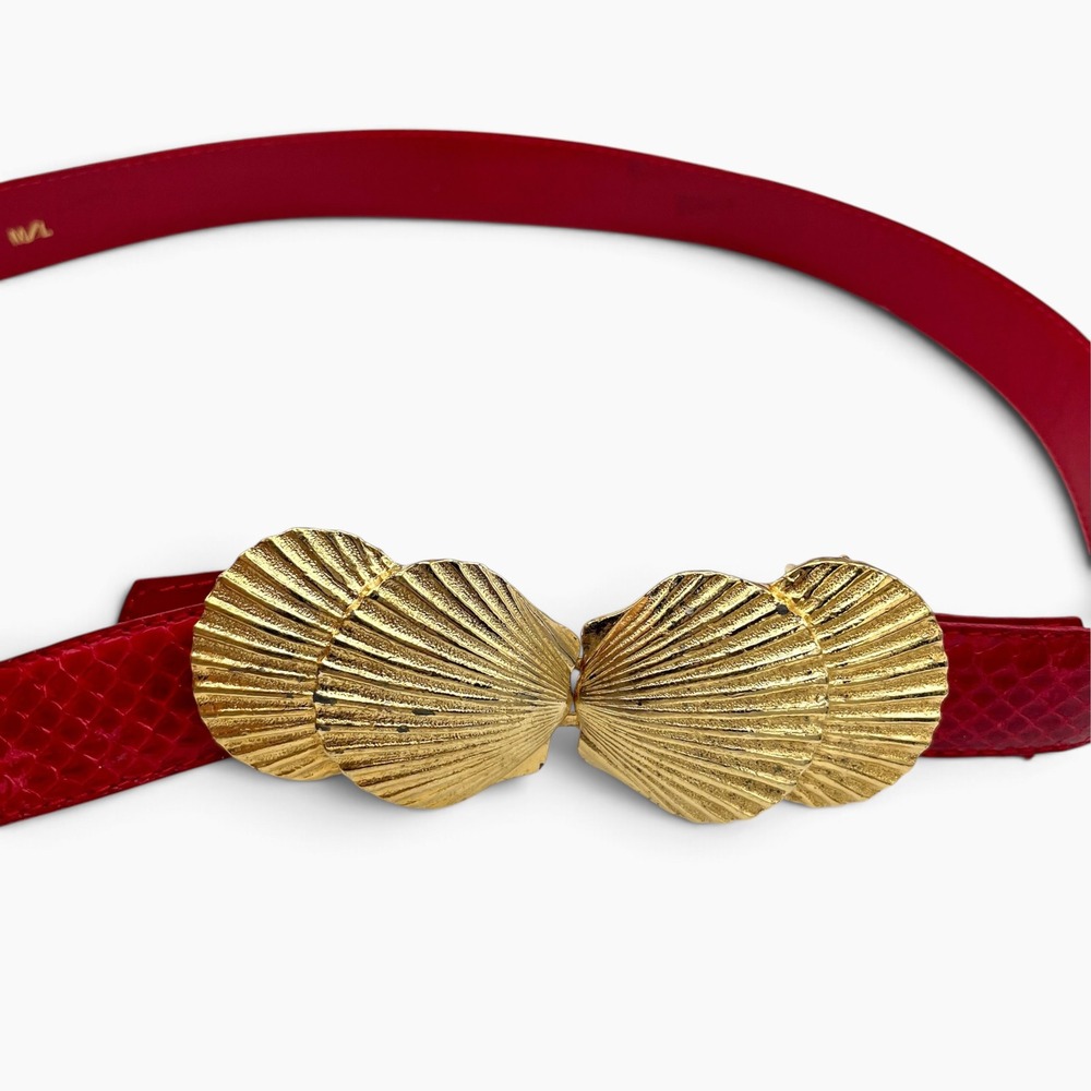 Vintage 1984 Jewel Creation Red Genuine Snakeskin Belt Gold Sea Shell Buckle M/L